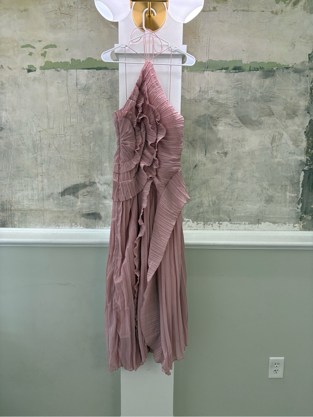 Pleated Ruffle Halter Maxi Dress in Mauve Pink